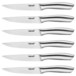 hecef Steakmesser Set 6-teilig, scharfe Tafelmesser mit Wellenschliff und ergonomischem Hohlgriff, kleine Messer aus Edelstahl für Steak und Brot, Klinge 12,7 cm, silber
