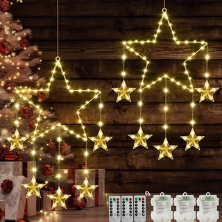 Therlan LED Fensterdeko Weihnachten Beleuchtet, 2 Stück Batterie 62 LEDs Sterne Weihnachtsbeleuchtung mit Timer, 8 Modi Speicherfunktion Weihnachtsstern Weihnachtsdeko Fenster Lichterketten Warmweißen