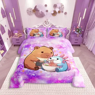 Homewish Capybara Axolotl Druck Bettbezug Set für Kinder Jungen Mädchen Teenager Erwachsene,Ombre Rosa Lilabettwäsche 135x200cm Cartoon Tiere Bettwäscheset Sternenhimmel Blasemuster Bett Set