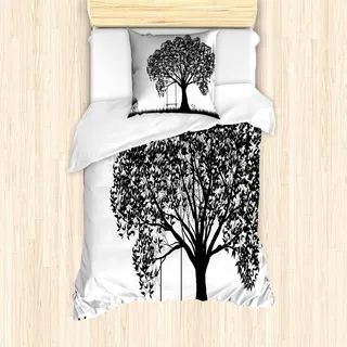 ABAKUHAUS Natur Bettbezug Set für Einzelbetten, Blumen und Gras Garten, Milbensicher Allergiker geeignet mit Kissenbezug, Schwarz.Weiß - Schwarz