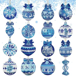 SelfTek Diamond Painting Weihnachten Anhänger - 16 Stück Diamant Painting Weihnachten, Doppelseitige Diamondpainting Schlüsselanhänger Weihnachtskugel für Weihnachtsbaum Deko (Schneeflocken)