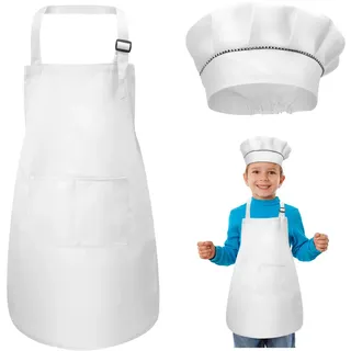 Kinder Schürze und Kochmütze Set, Kinder Einstellbare Kochschürze Kinderschürzen mit 2 Taschen für Jungen Mädchen, Kind Küchenschürzen für Küche Kochen Backen Malerei (7-13 Jahre) (Weiß)