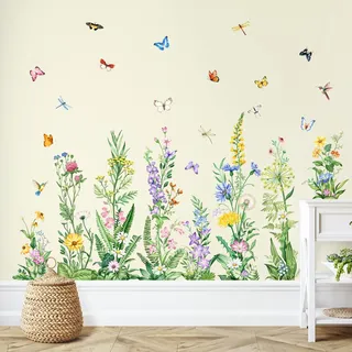Tanlaby XL Wandtattoo Pflanzen Wildblumen Wandsticker Blumen Frühling Sommer DIY Schmetterling Aufkleber Grüne Blumenwiese Gras Wandaufkleber für Wohnzimmer Schlafzimmer Flur Sofa Hintergrund