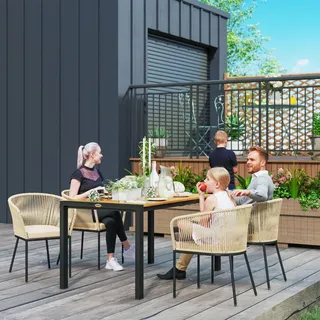 Outsunny 5-teiliges Polyrattan Gartenmöbel-Set für 4 Personen, wetterfest Balkonmöbel mit Tisch für Balkon, Garten, Naturholz+Khaki - Grün/Schwarz