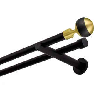 Gardinenstange 140 cm 2-läufig Schwarz Matt 19 mm - stabil, mit Kugel Duo, Komplettset, für Wandmontage - Schwarz