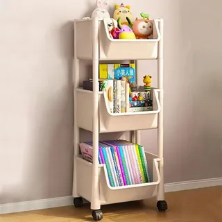 Shally Dogan Mehrzweckwagen mit 360° drehbaren Rädern, platzsparend, mit 360 ° drehbaren Rädern, schmal, 3 Ebenen, ideal für Bücher, Zeitschriften, Spielzeug (Beige)