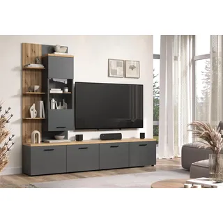 trendteam smart living - Baggio - Wohnwand - Grau/Eiche - Kombination aus Hängevitrine und 2 Lowboards - (BxHxT) 240 x 212 x 40 cm - für TV bis 65 Zoll