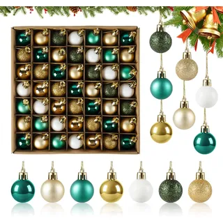 Agoer 49 Stück kleine Christbaumkugeln Grün,Gold,Weiße,7 Designs Weihnachtsbaum Kugeln Kunststoff mit Aufhänger,3cm Weihnachtskugeln Plastik Klein für Hotel-Lobbys und Festliche Geschäftsdekoration