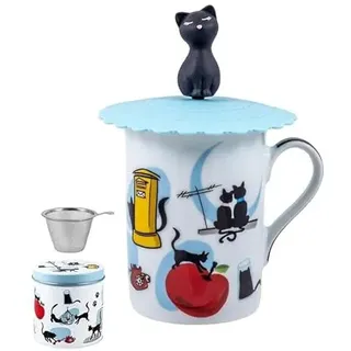 DRW Set mit 6 Teetassen mit Filter, Edelstahl, Katzen, Tasse: 8 x 8 x 10 cm