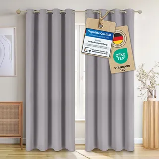 Blumtal Verdunklungsvorhänge 2er Set - Thermovorhang Hitzeschutz - Vorhang Blickdicht mit Ösen - Gardinenschals mit Schlaufen - Lärmschutzvorhang-Gardinen 175x140cm - Vorhänge Grau - Gardine Grau
