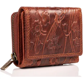 MATADOR Kleine Geldbörse Damen Leder #CHIQUITO Geldbeutel Damen Klein mit edler Geschenk Box, Elegante Mini Geldbörse mit RFID Blocker, Luxus Portemonnaie Klein mit vielen Fächern in Braun Blumen