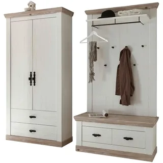 Furn.Design Garderobenkombination Pinie weiß, Oslo Pinie Landhaus, Garderobe Set 3-tlg., 224 x 201 cm , Weiß, Pinienfarben , Holzwerkstoff , Nachbildung,Pinie , 224x201x45 cm , FSC 100% , Garderobe, Garderoben-Sets & Garderoben-Serien, Garderoben-Sets