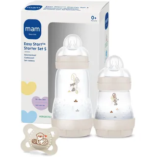 MAM Easy Start Anti-Colic Starter Set S, Baby Erstausstattung mit 2 Anti-Colic Flaschen (160 ml & 260 ml) inkl. Sauger Größe 1 und Schnuller, Baby Geschenk Set, ab der Geburt, beige
