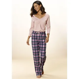 Pyjama VIVANCE DREAMS, Damen, Gr. 36/38, bunt (hellrosa, navy), Single Jersey, Obermaterial: 100% Baumwolle, kariert, lang, V-Ausschnitt, eingesetzt, Homewear-Sets Pyjama, mit Karo Muster
