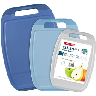 NEOFLAM® Schneidebrett Kunststoff groß, mittel, klein – Schneidebretter spülmaschinenfest, Schneidebrett Set 3tlg rutschfest, BPA-frei, mit Griff & Saftrille, antibakteriell mit Microban, Blau/Grau