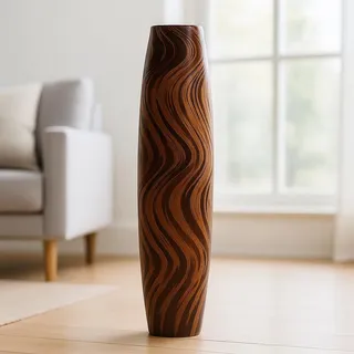 Leewadee Große Hohe Bodenvase 65 cm - Handgefertigte Mangoholz-Bodenvase in Braun für Pampasgras & Trockenblumen