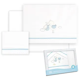 Interbaby Baby-Bettwäsche aus Baumwolle – Auto/Moses/Babywanne – Storch Bär – 3-teiliges Set – Spannbettlaken + Bettbezug + Kissenbezug