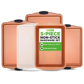 NutriChef Backbleche, 5 teiliges Set- Antihaft Ofenbleche in Verschiedenen Größen, Stapelbar, mit Hitzebeständige Silikongriffen, Bratblech mit Deckel, Leicht zu Reinigen, Kupfer