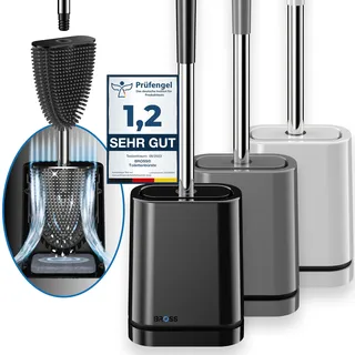 BROSS® Klobürste Silikon - Patentierte Toilettenbürste - Klobürste Schwarz - WC Bürste & Klobürstenhalter mit Wandmontage & TurboTrocknung - Innovativ & Antibakteriell - 1er Set