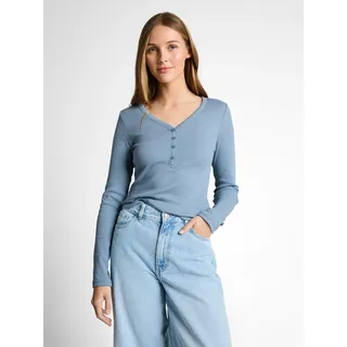 Henleyshirt TOM TAILOR DENIM, Gr. L, mid blau weiß stripe, Rippware, Obermaterial: 95% Baumwolle, 5% Elasthan, gestreift, regular fit normal, V-Ausschnitt, gerader Abschluss, Shirts Henleyshirt, mit Streifen Muster