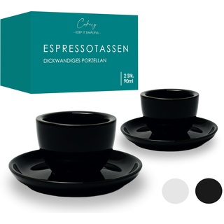 Cookery® Espressotassen 2er Set 90ml aus Porzellan (dickwandig) mit Untertasse | ohne Henkel | Espresso tassen set | Mokkatassen Set | Espressobecher | (Schwarz)