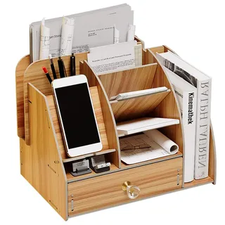 NUODWELL Upgrade Schreibtisch-Organizer aus Holz mit Handy-Dockingstation, Schreibtisch-Aufbewahrungs-Organizer mit Schublade und Bücherregal, Stifthalter, Aufbewahrungsbox, Schreibtischzubehör (B20-1