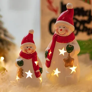 NUPTIO Schneemann Keramik LED Weihnachten Deko - 2 Stück Weihnachtsfiguren Beleuchtet Winter Innen Weihnachtsdeko Porzellan Weiß Figuren Lichthaus Figur Weihnachts (Inklusive 2 Knopfzellenbatterien)