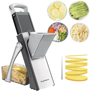 SupMakin Gemüseschneider, Once for All Verstellbar Gemüsehobel Genius Mandoline Vegetable Slicer Kartoffelschneider Zwiebelschneider (Grauweiß)