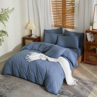 YASMENG Halbleinen Bettwäsche 155x220 Denim-Blau Leinen und Baumwolle Bettwäsche Weich Atmungsaktiv Kuschelig Leinen Bettbezug Set 3 Teilig mit Reißverschluss und 2 Kissenbezüge 80x80 cm