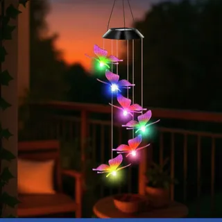 Maximex LED Windspiel Mod. Schmetterling Solar, wetterfestes, solarbetriebenes Garten-Windspiel, leuchtet im Dunkeln, mit Solar-Panel und Aufhängehaken, 12,5 x 78 x 12,5 cm, bunt