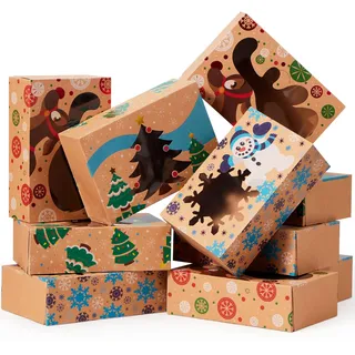 JOYIN Weihnachts-Keksboxen zum Verschenken, 21,6 x 14,6 x 7 cm, Keksdosen mit Fenster, 3 Designs, braune Folie, Kraft-Bäckerei-Boxen für Gebäck, Cupcakes, Brownies, Donut, 12 Stück