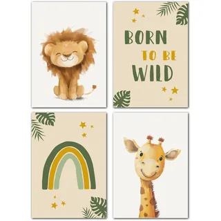 LAVEMA Bilder Kinderzimmer Deko | Babyzimmer Poster Safari Tiere | Poster A4 ohne Bilderrahmen | Wandbilder Jungen | Kinderzimmer Wanddeko Tierbilder