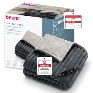 Beurer Heizdecke Stockholm, kuschelige Wärmedecke aus luxuriösem Obermaterial mit 6 Temperaturstufen, Heizdecke mit Abschaltautomatik und Sicherheitssystem, maschinenwaschbar bei 30 °C, grau