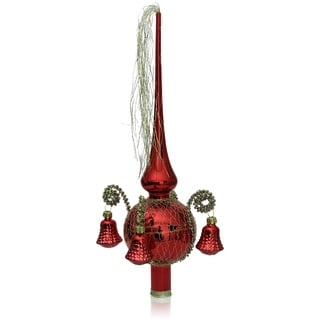 Lauschaer Glas Weihnachtsbaumspitze mit Formglöckchen rot Glanz, umsponnen L ca. 28cm d(Kugel) 7cm Christbaumschmuckspitze mundgeblasen,handdekoriert,Leonischer Draht