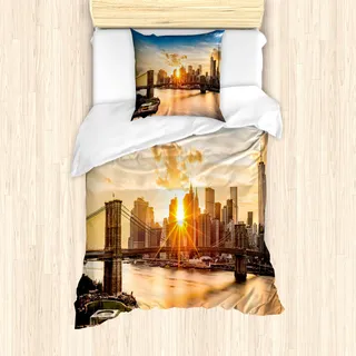ABAKUHAUS New York Mantele, Stadtansicht von Brooklyn, Milbensicher Allergiker geeignet mit Kissenbezügen, 135 cm x 200 cm - 80 x 80 cm, Mehrfarbig