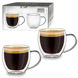 Creano doppelwandige Espresso-Gläser mit Henkel, 2er-Set 100ml, Mokkatassen, Thermo-Gläser mit Schwebe-Effekt