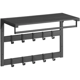 VASAGLE Wandgarderobe, mit Ablage, Wandregal mit 10 abnehmbaren Haken, Hängeregal, Wandmontage, 2 Garderobenleisten, Kleiderstange, für Flur, Schlafzimmer, Badezimmer, anthrazitgrau-schwarz LCR101B04