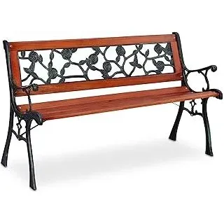 Gartenbank, Rosenmuster, 2 Sitzer, Holz & Gusseisen, Balkon & Terrasse, Sitzbank, 73x125x52,5 cm, Natur/grün