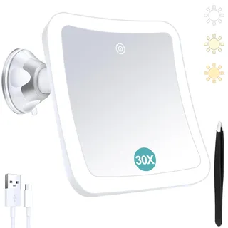 B Beauty Planet Vergrößerungsspiegel mit Licht,30 Fach Vergrößerung, Beleuchteter Make-up-Spiegel mit Touch Control und Saugnapf, Wiederaufladbar, 360° Drehbar, Badezimmer und Reise, Quadratisch