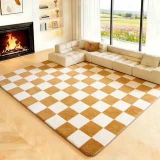 Puremy Teppich Wohnzimmer Groß 200x280cm,Karomuster, Weicher Kurzflor, Pflegeleicht, rutschfeste Rückseite, Modernes Design, für Eingang, Küche, Wohnzimmer, Schlafzimmer, Kinderzimmer, Beige und Gelb