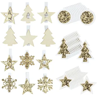 COM-FOUR® 48-teiliges Set 3D Aufkleber aus Holz und weihnachtliche Deko Klammern für Adventskalender und Geschenke - Geschenkaufkleber [Auswahl variiert] (48 Stück - Aufkleber Clips - goldfarben)