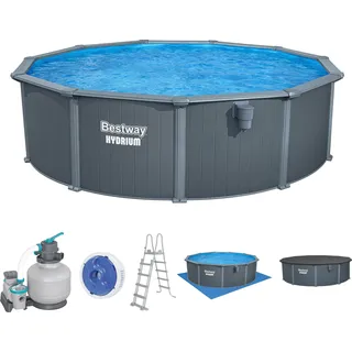 Bestway® HydriumTM Stahlwandpool Komplett-Set mit Sandfilteranlage Ø 488 x 132 cm, Holz-Optik (Grau), rund - Grau