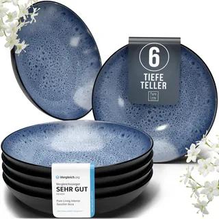 Steingut Suppenteller 6 Personen Ibiza TESTSIEGER, Traumhaftes Mediterranes Steingut Tiefe Teller Set, Pasta Teller Tief Groß - Pure Living in Tiefblau