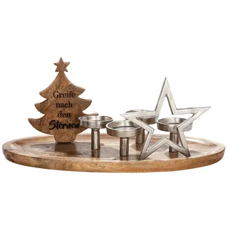GILDE Deko großer Adventsleuchter XL Kerzenhalter 4 Flammig Holz - Leuchter für 4 Kerzen mit Deko Stern Tannenbaum mit Spruch - Breite 50 cm