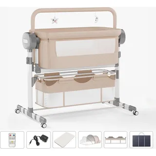 Mobiles Babybett - Beistellbett mit Rollen - 360° feststellbare Räder - Klappbar - Atmungsaktive Mesh-Seiten - Höhenverstellung 6 cm - Für 1–2 Jahre - Khaki