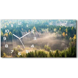 Wanduhr aus Glas – 60x30 cm - Glasbild - Glasuhr - Gehärtetes Glas - weisse-zeiger - Nebel im Wald