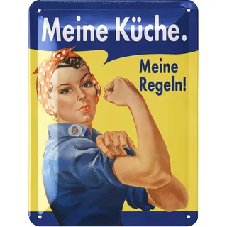 LANOLU Retro Blechschild Küche - Vintage Schild mit Spruch - MEINE KÜCHE MEINE REGELN - lustige Wanddeko Küche - Poster als Metallschild mit Stanzung 15x20 cm