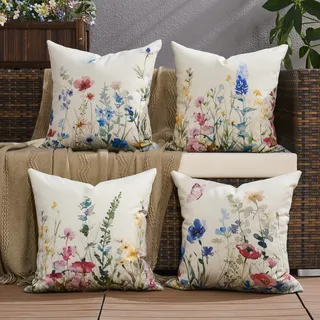 Aisybaklyn Kissenbezug 50x50 Kissenbezüge Outdoor Kissen Wasserdicht Dekokissen Kissenhüllen Sofakissen für Bankauflage Frühling Outdoorkissen Sommer Zierkissensen Bunte Cushion Blume Muster 4er Set