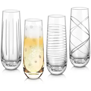 Joeyan 290ml Graviert Champagner Gläser Ohne Stiel, 4er Set Sektgläser Geriffelt, ausgefallene Sektflöten mit Linie, Dot Motiven, Rotweinglas Weißweinglas ohne fuß für Bars Zuhause Restaurant Party