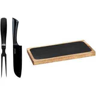 WENKO Servierbrett »Modell Ava mit Fleischgabel & Messer« Tranchierset, Schneidebrett aus FSC® zertifiziertem Akazienholz, schwarz